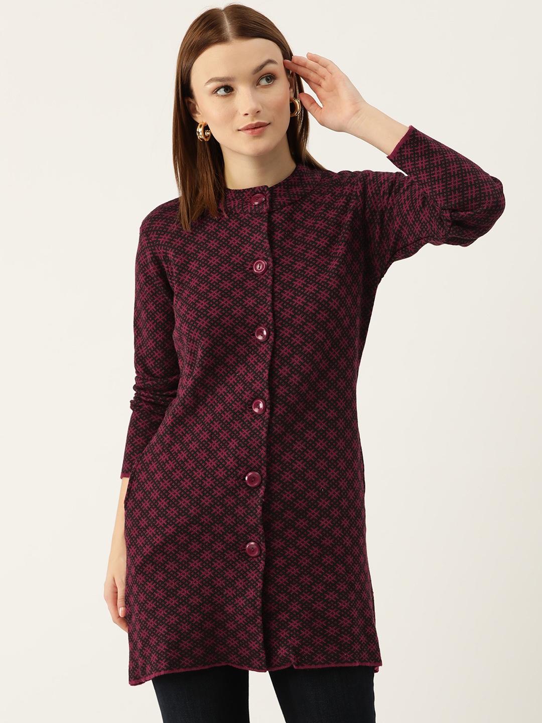 

American Eye Self Design Longline Acrylic Cardigan, Maroon
