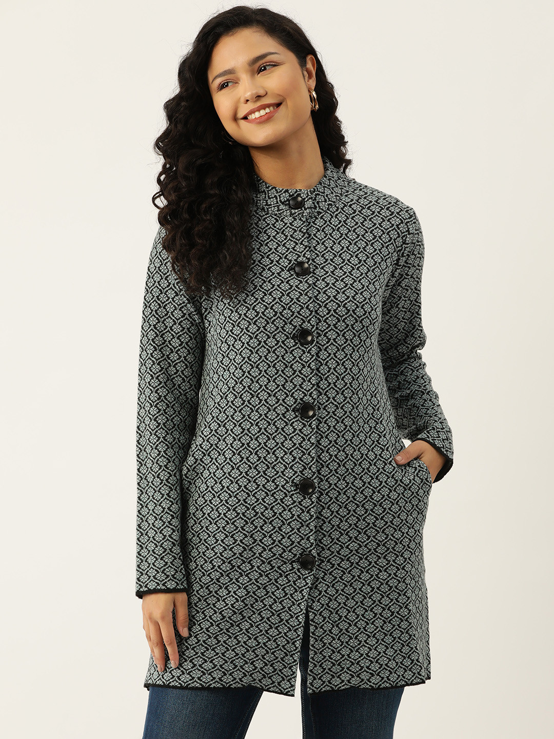 

American Eye Self Design Longline Acrylic Cardigan, Black