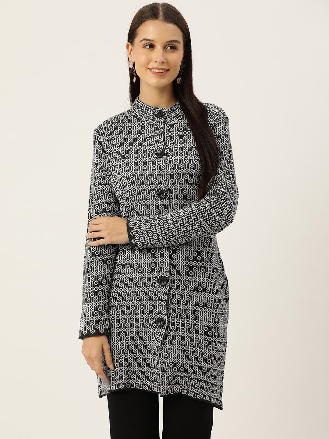 

American Eye Women Self-Design Longline Cardigan, Black