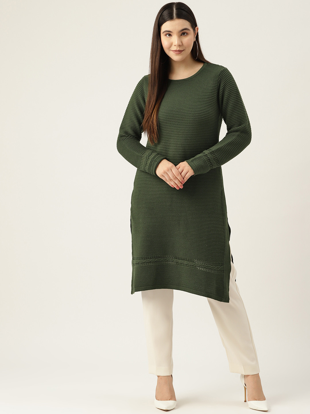 

American Eye Acrylic Ribbed Winter Kurta, Olive