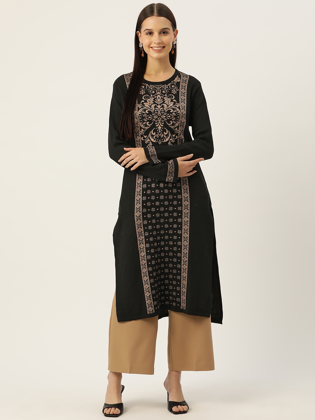 

American Eye Woven Design Acrylic Winter Straight Kurta, Black