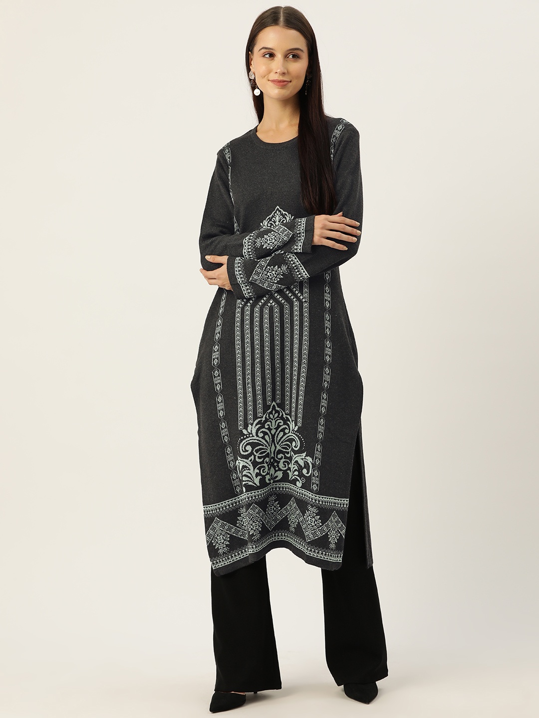 

American Eye Woven Design Acrylic Winter Straight Kurta, Grey