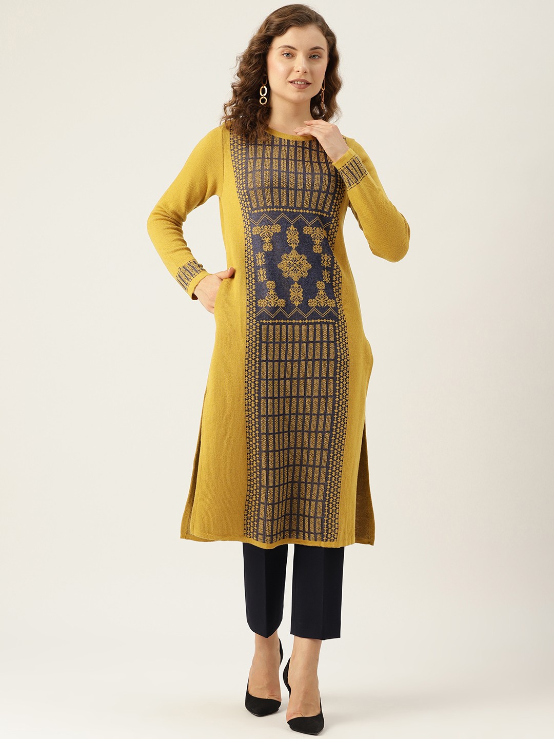 

American Eye Acrylic Self Design Winter Kurta, Mustard