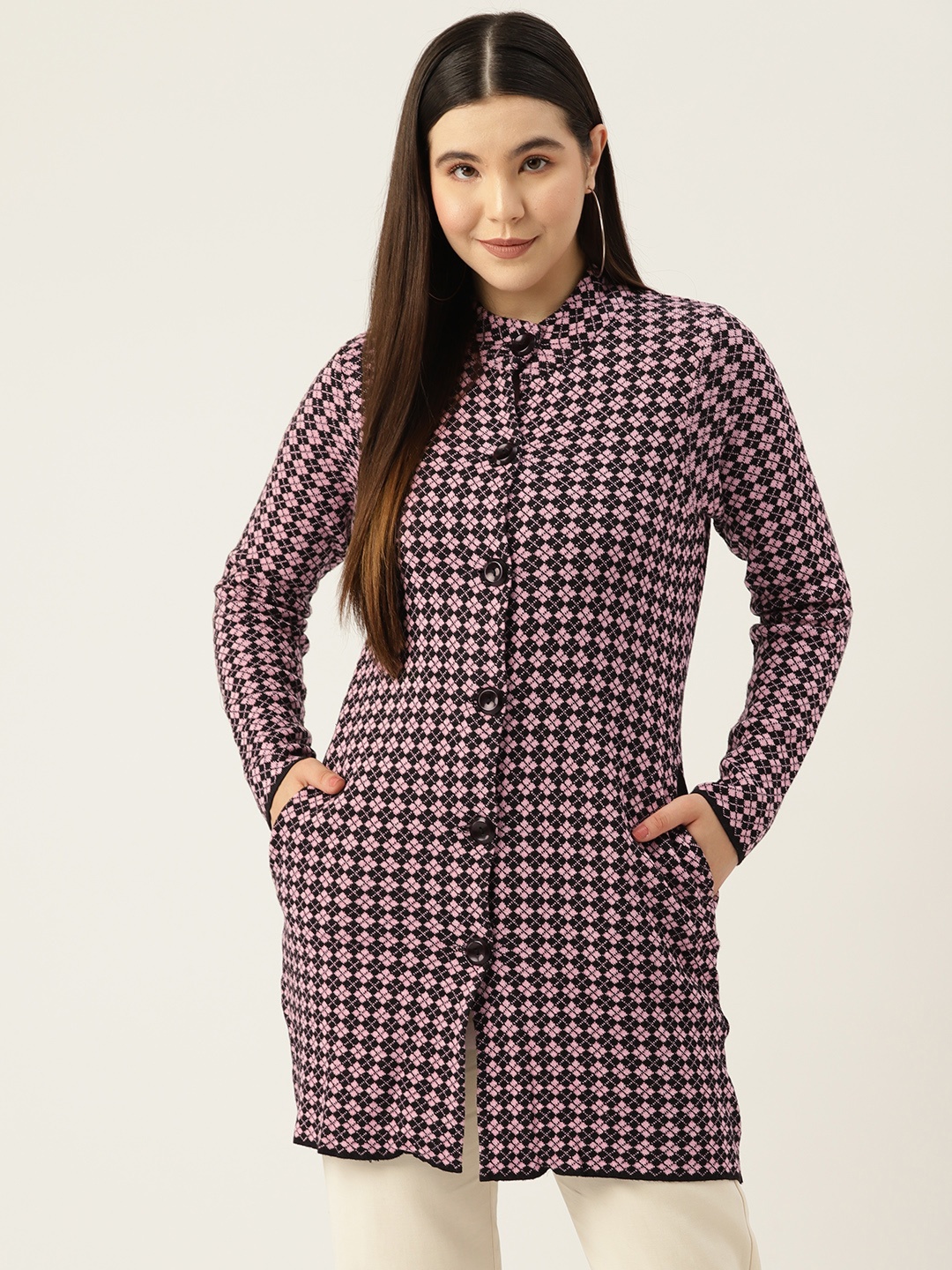 

American Eye Acrylic Checked Longline Cardigan, Black
