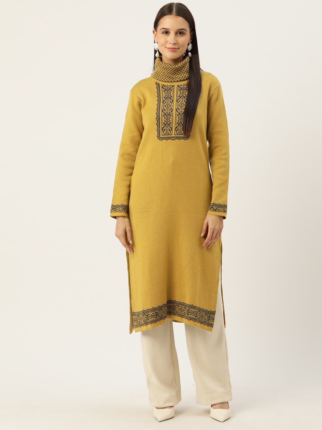 

American Eye Woven Design Acrylic Winter Straight Kurta, Mustard