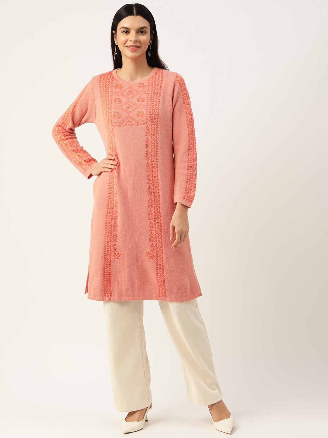 

American Eye Women Ethnic Motifs Winter Kurta, Peach