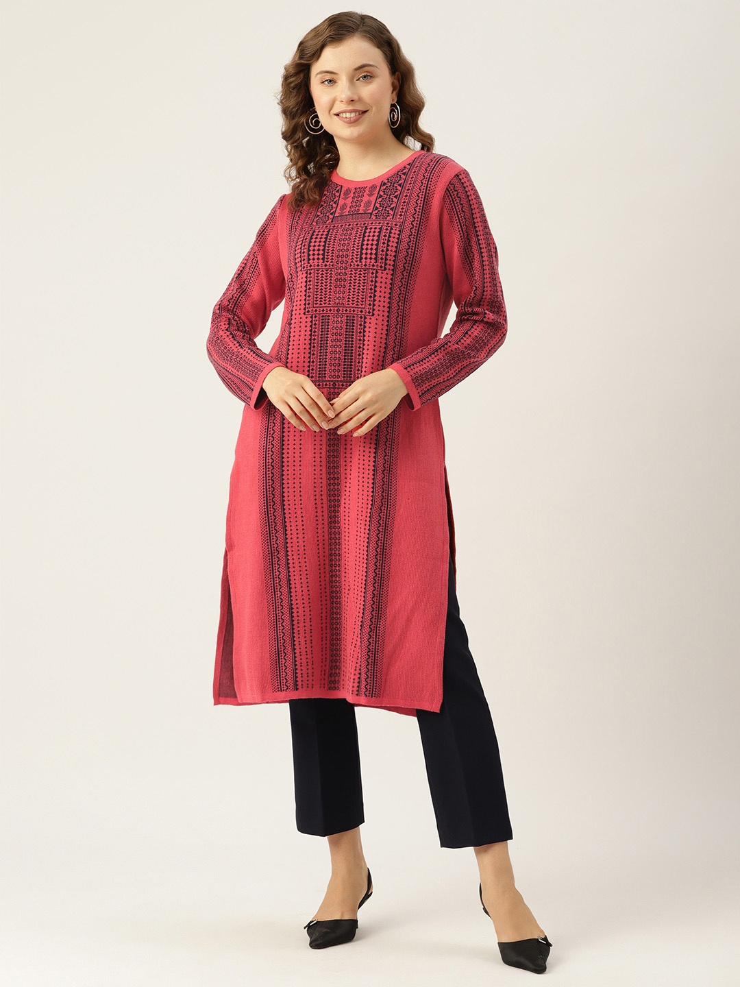 

American Eye Ethnic Motifs Acrylic Winter Kurta, Coral