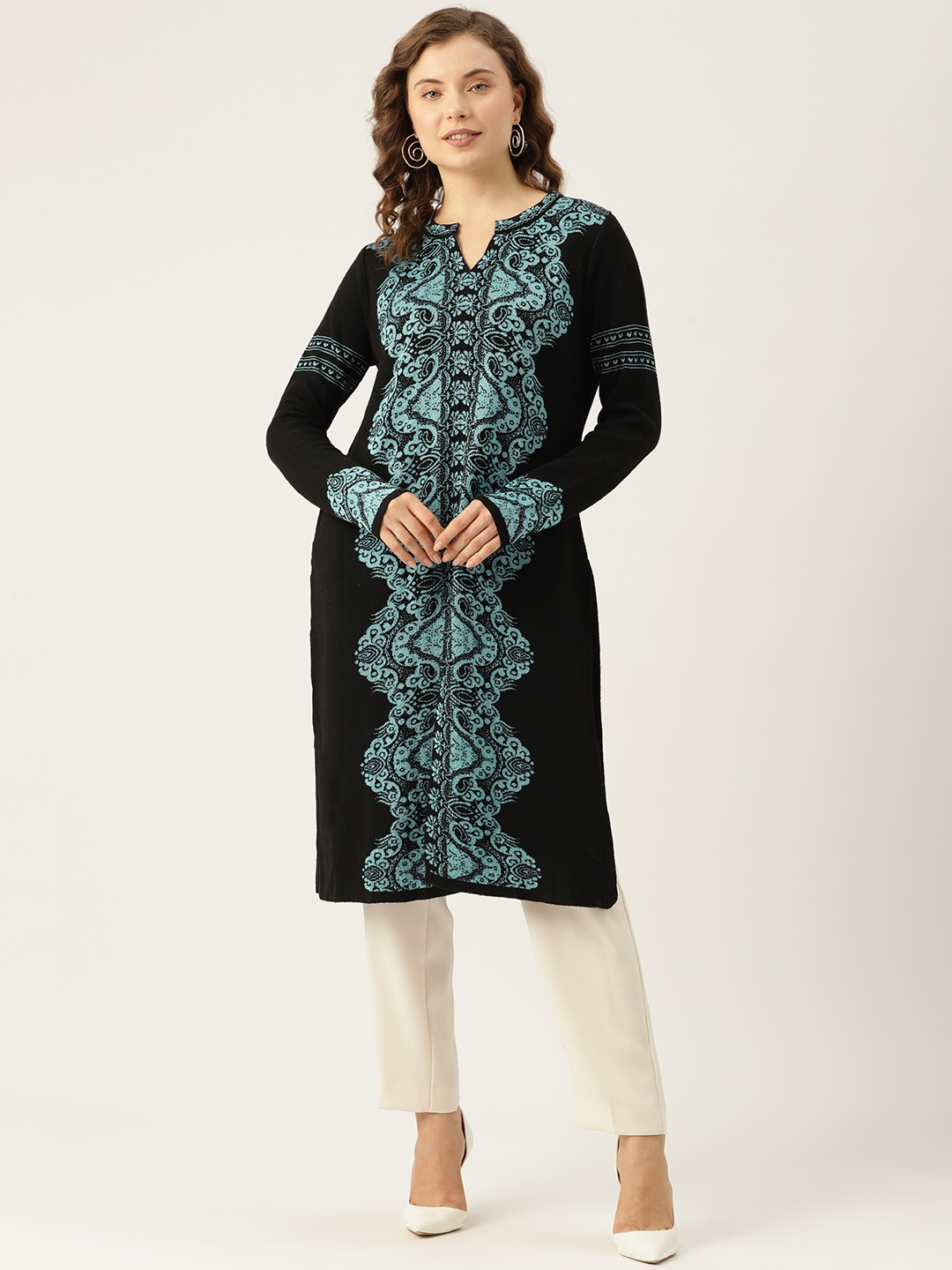

American Eye Ethnic Motifs Acrylic Winter Kurta, Black