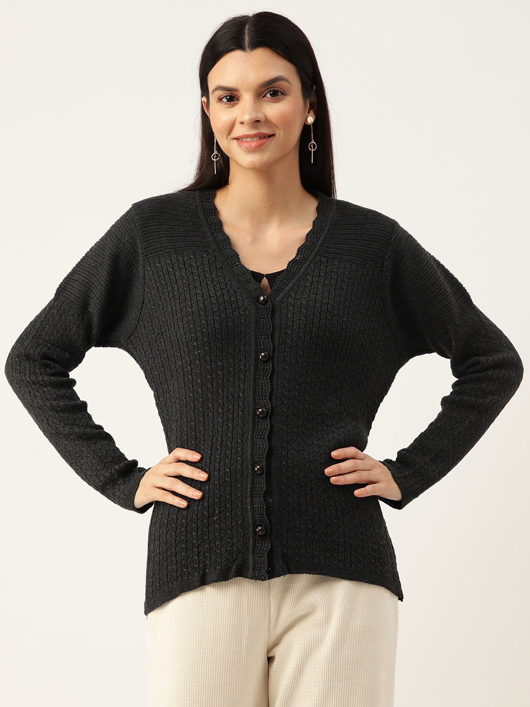 

American Eye Women Self Design Cardigan, Black