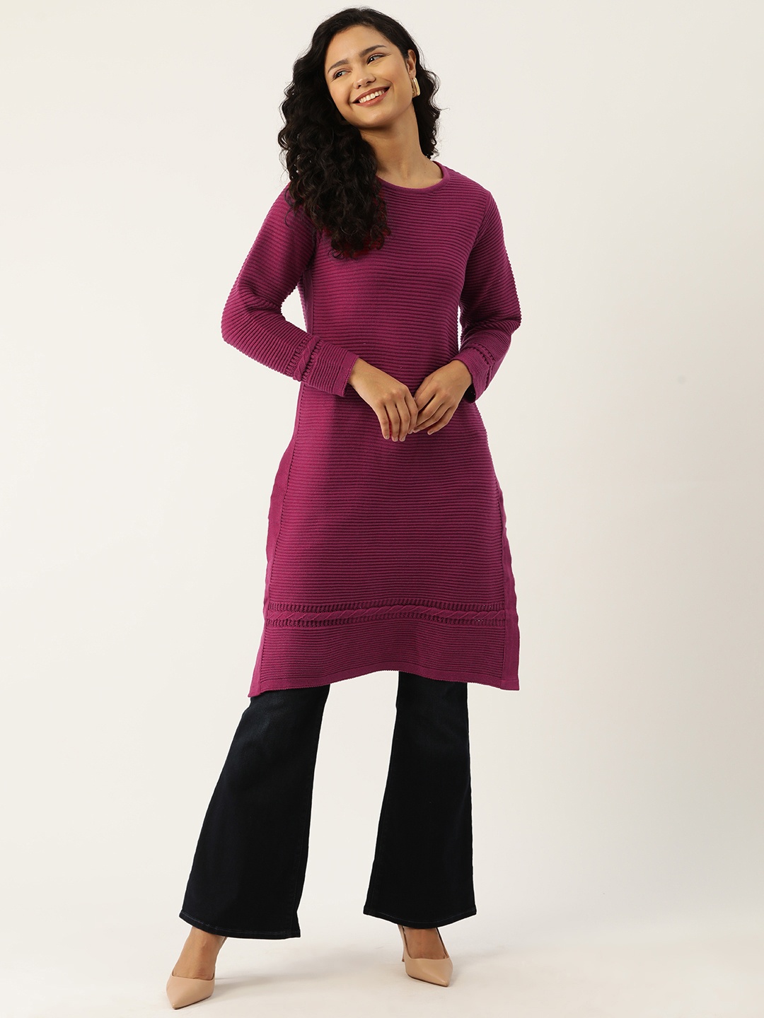 

American Eye Ribbed Longline Acrylic Pullover, Magenta