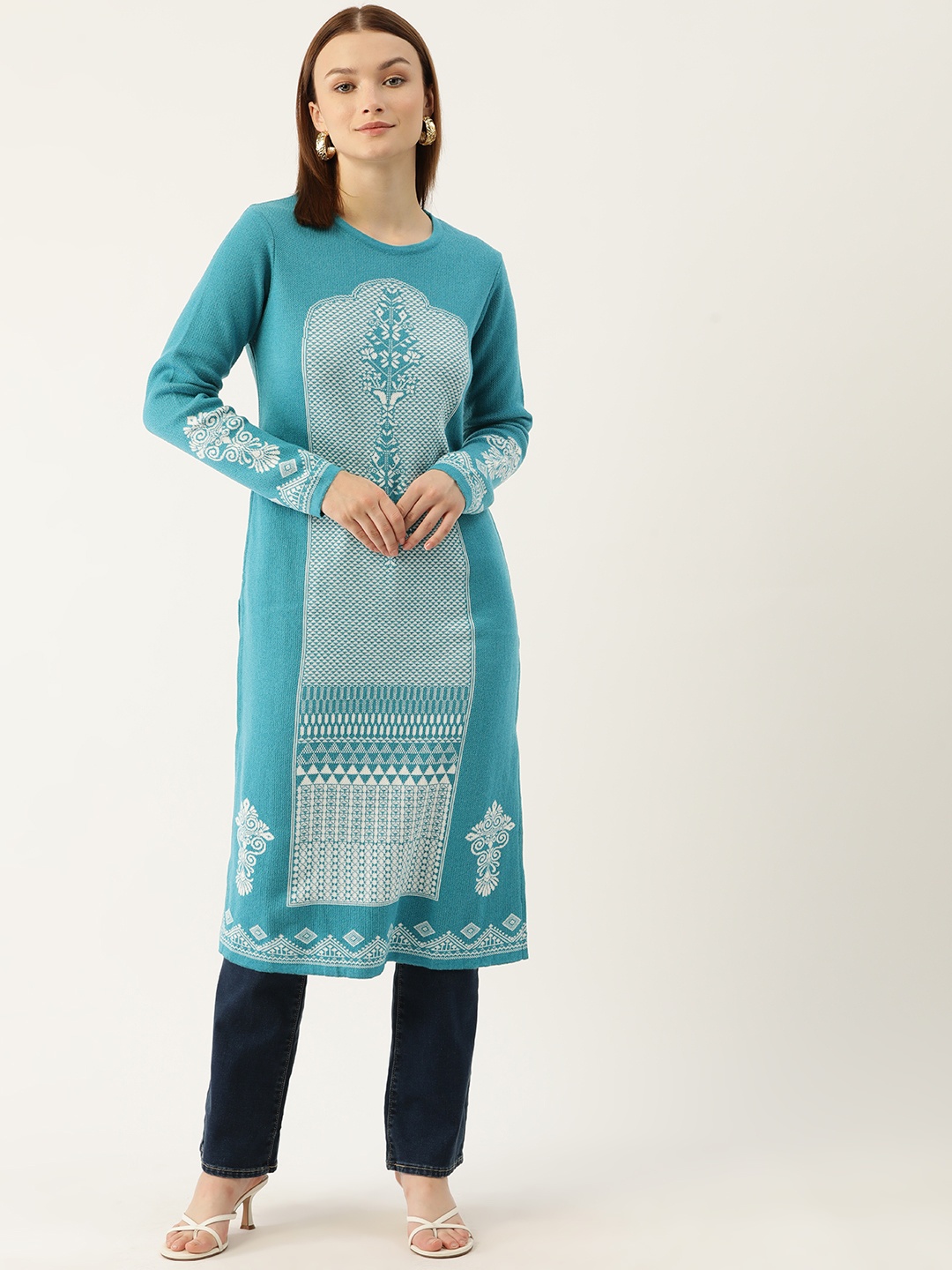 

American Eye Ethnic Motifs Acrylic Winter Kurta, Turquoise blue