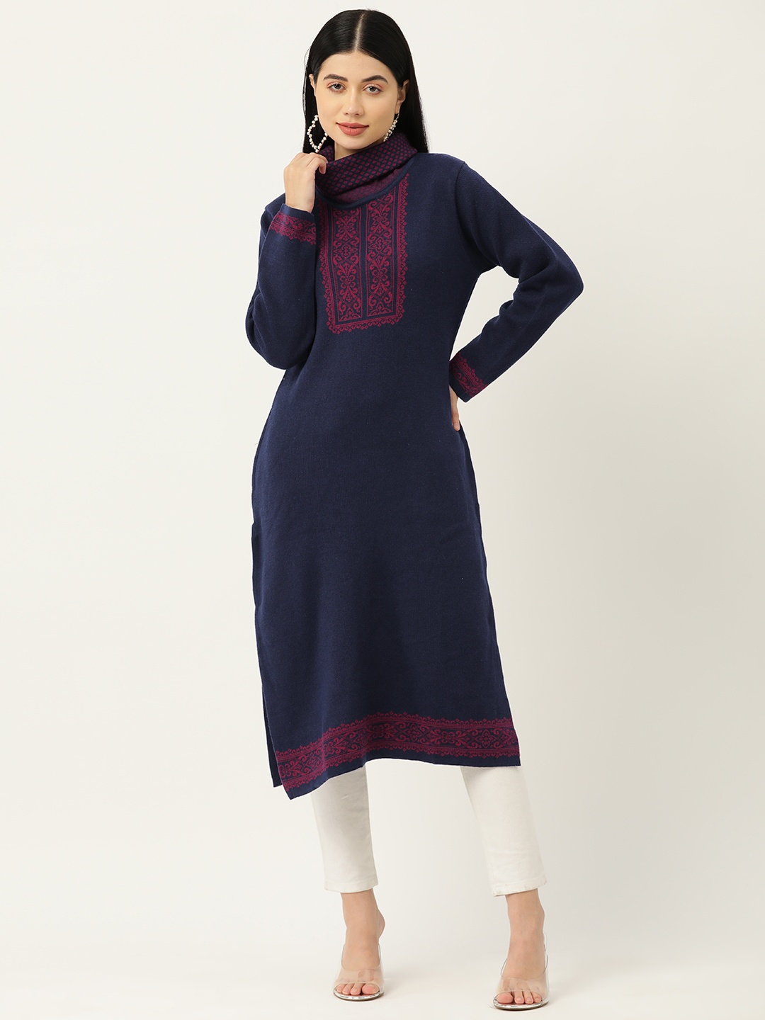 

American Eye Woven Designed High Neck Straight Winter Kurta, Navy blue