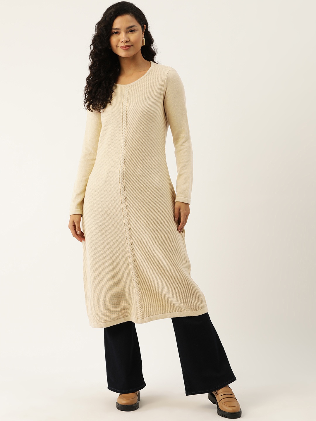 

American Eye Cable Knit Longline Acrylic Pullover, Beige