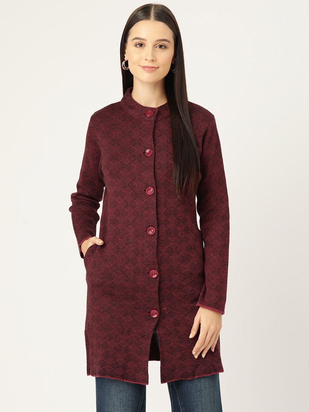 

American Eye Geometric Longline Acrylic Cardigan, Maroon