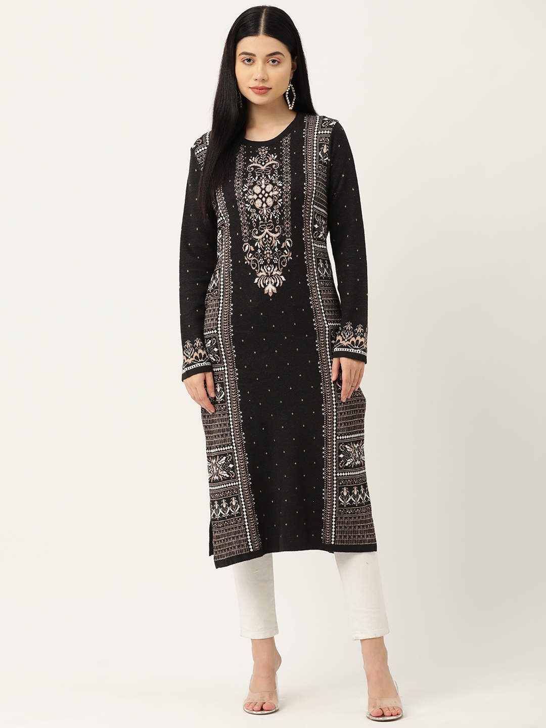 

American Eye Woven Designed Straight Winter Kurta, Black
