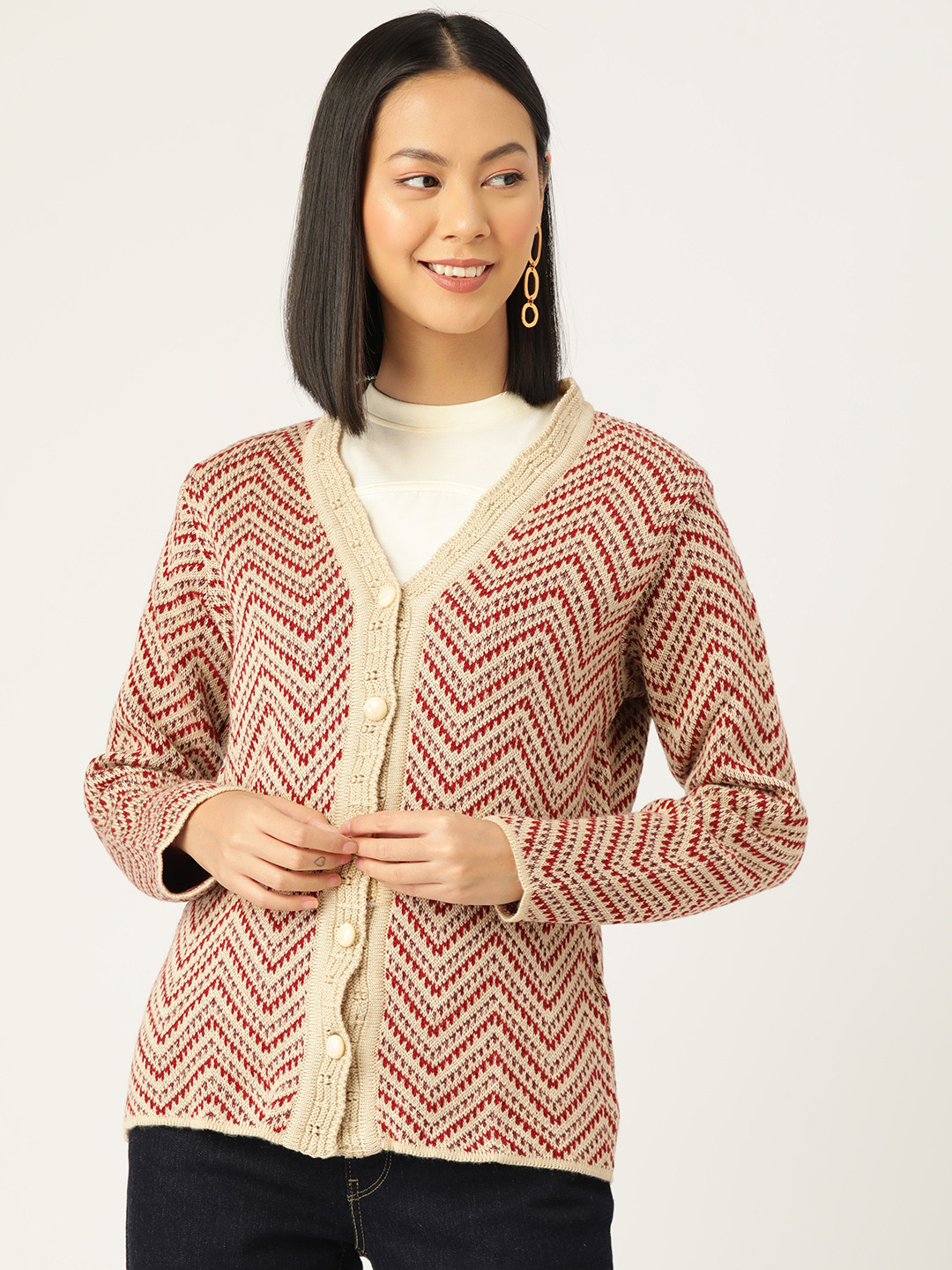 

American Eye Chevron V-Neck Cardigan, Beige