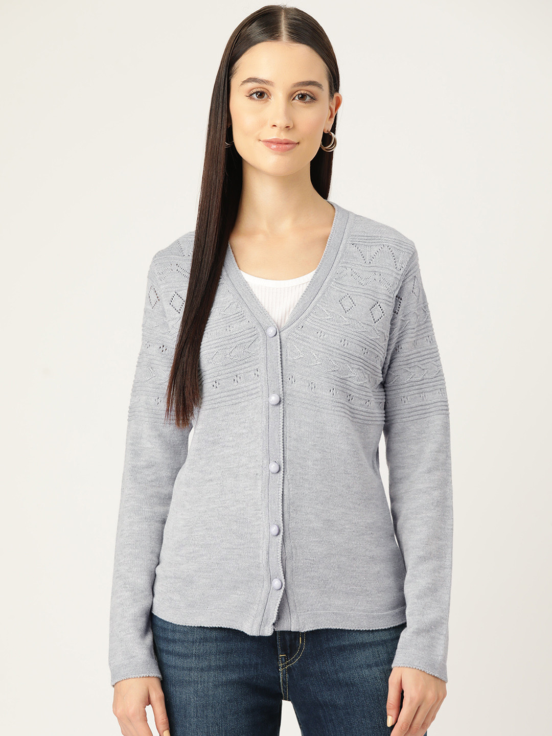 

American Eye Acrylic Self-Design Cardigan, Grey melange