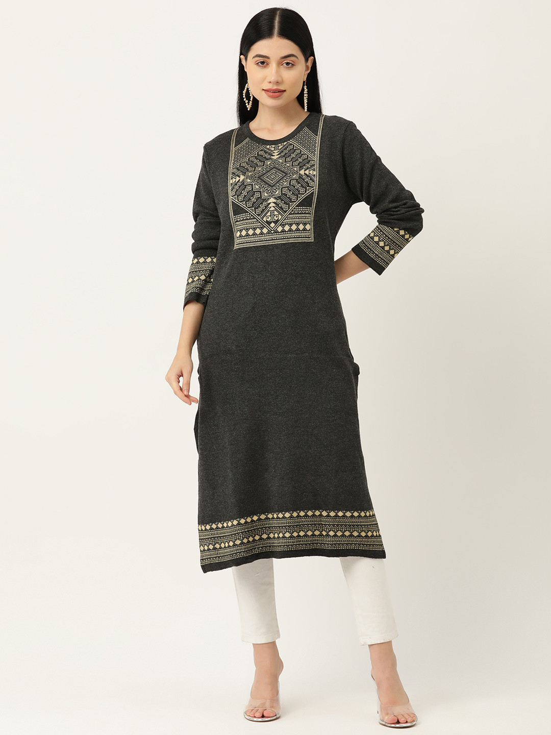 

American Eye Woven Designed Straight Winter Kurta, Charcoal
