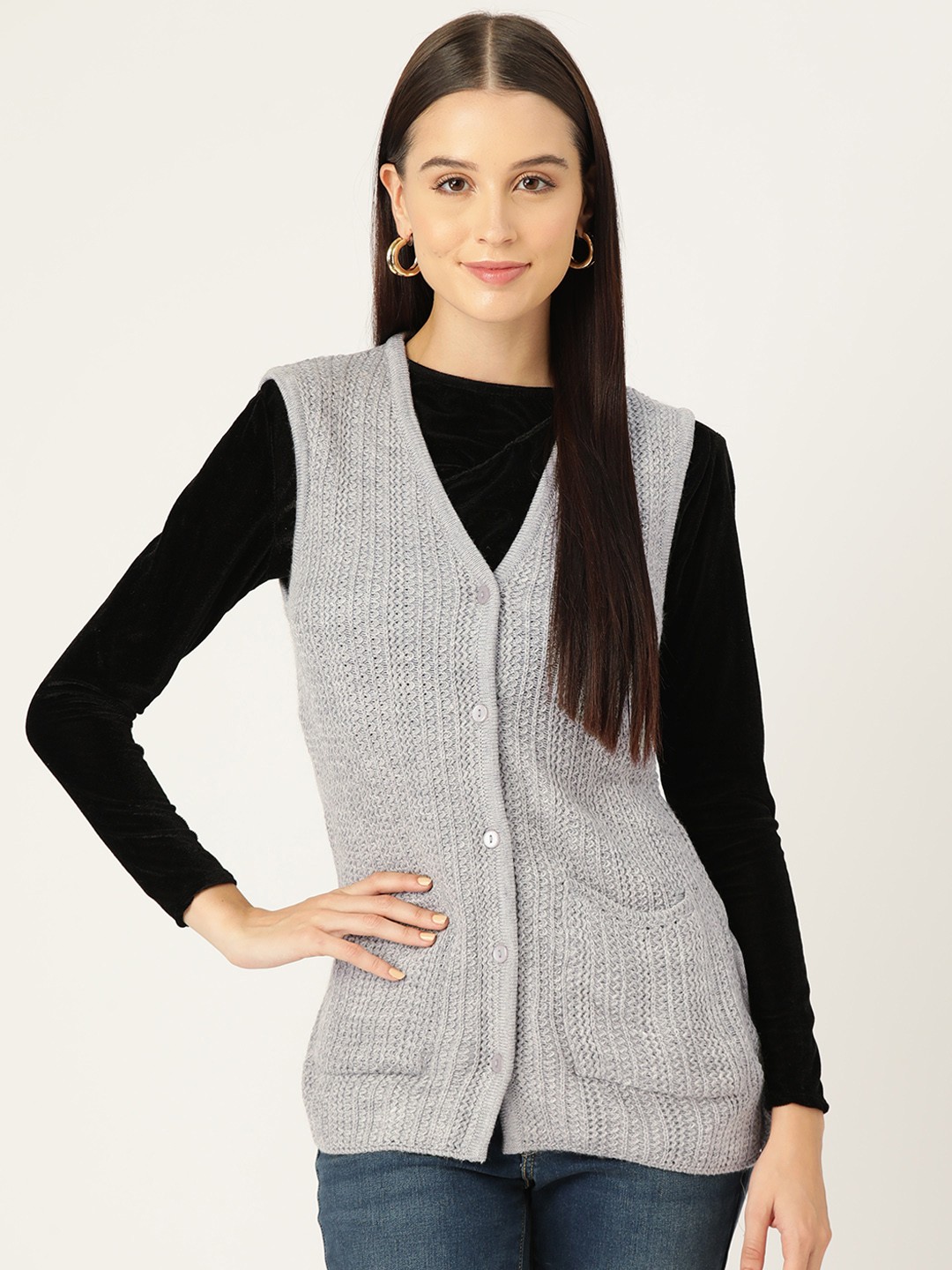 

American Eye Pure Acrylic Self-Design Cardigan, Grey
