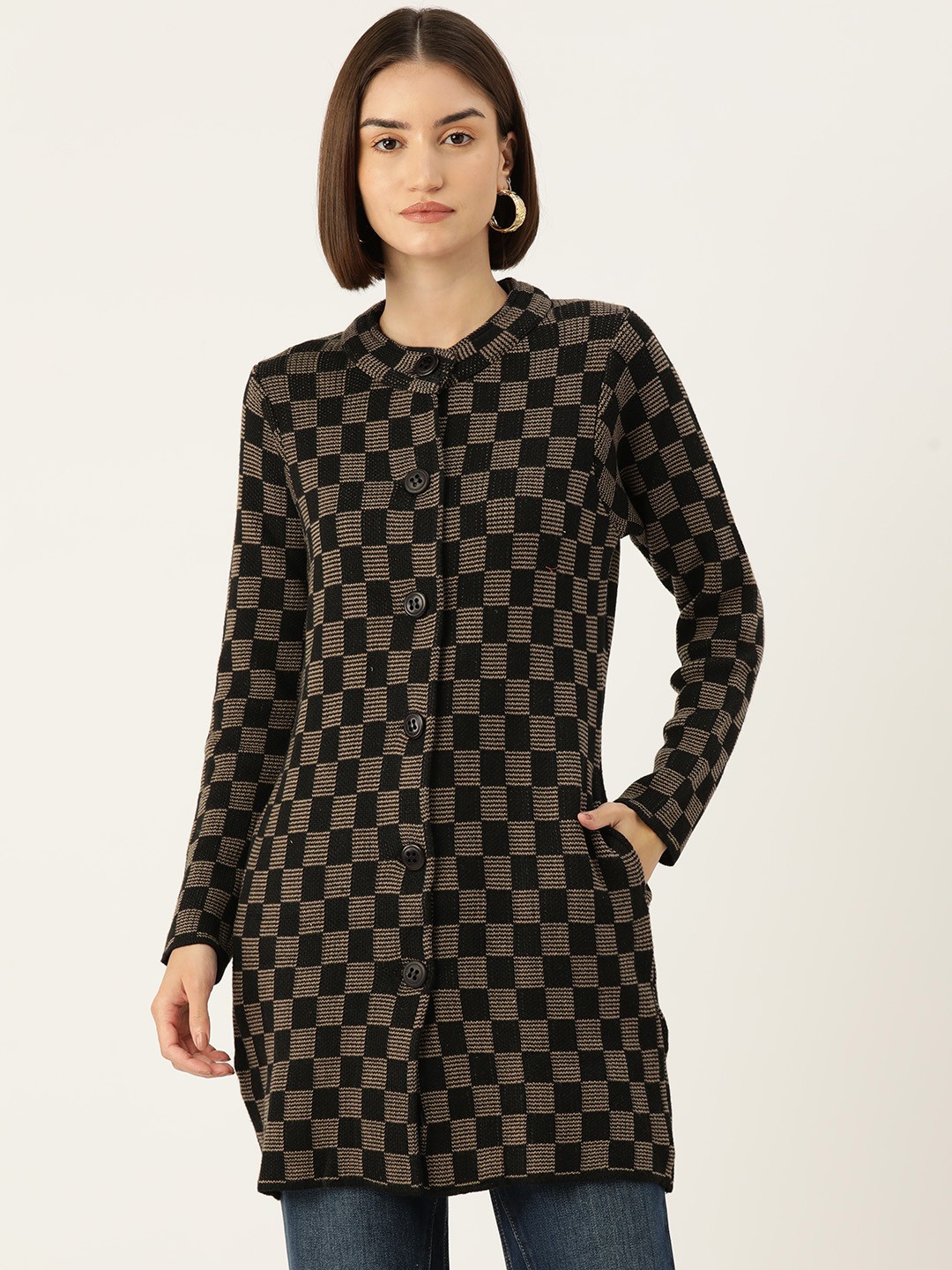 

American Eye Woven Design Checked Longline Cardigan, Black