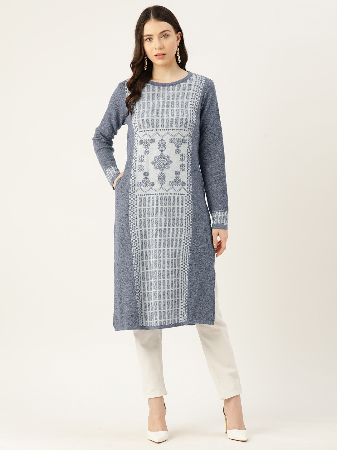 

American Eye Woven Designed Straight Winter Kurta, Blue
