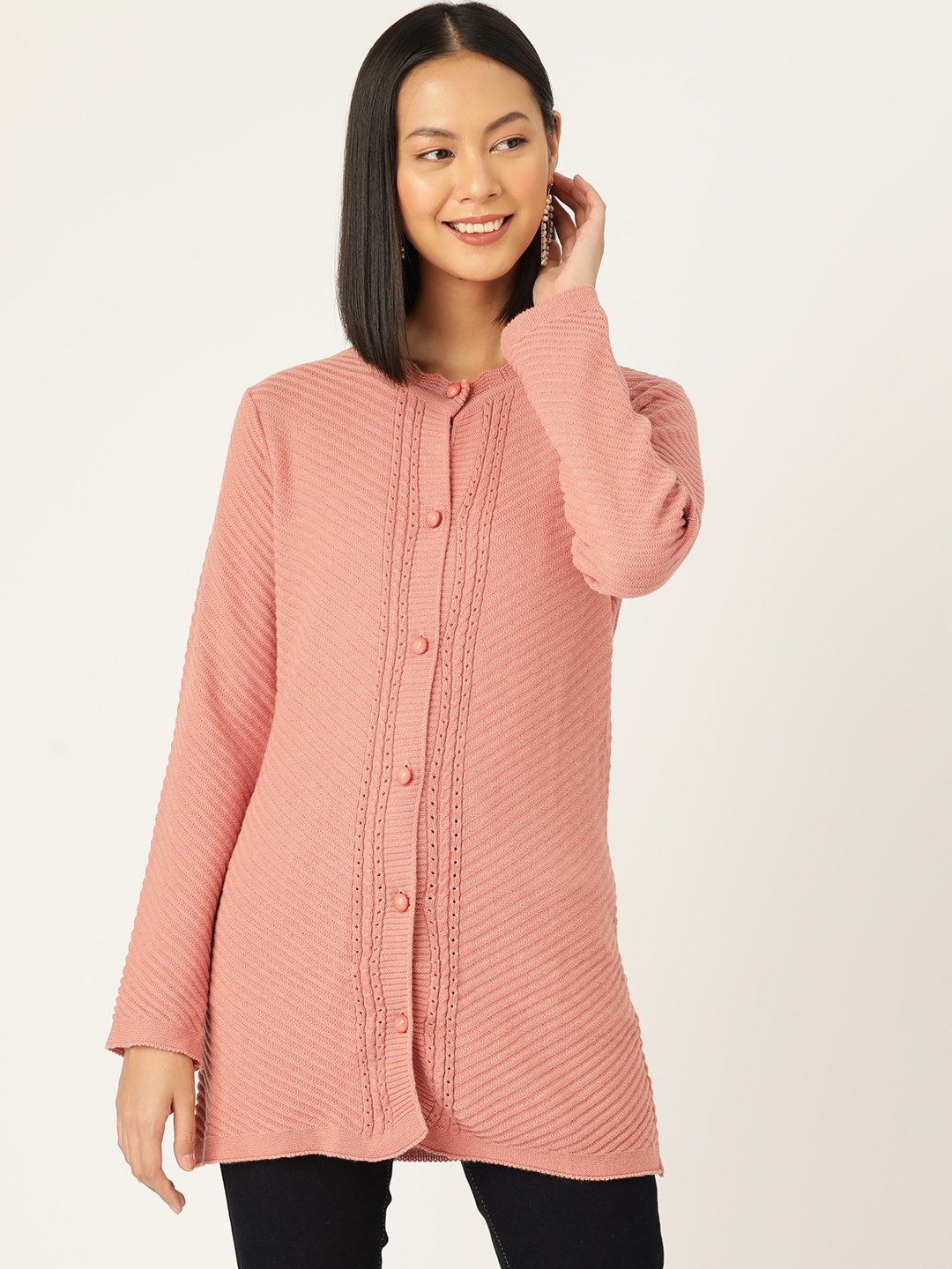 

American Eye Cable Knit Longline Acrylic Cardigan, Peach