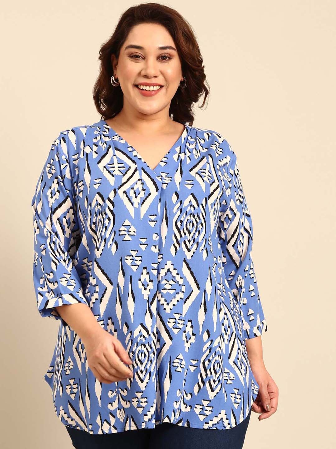 

The Pink Moon Plus Size Aztec Printed V-Neck Regular Top, Blue