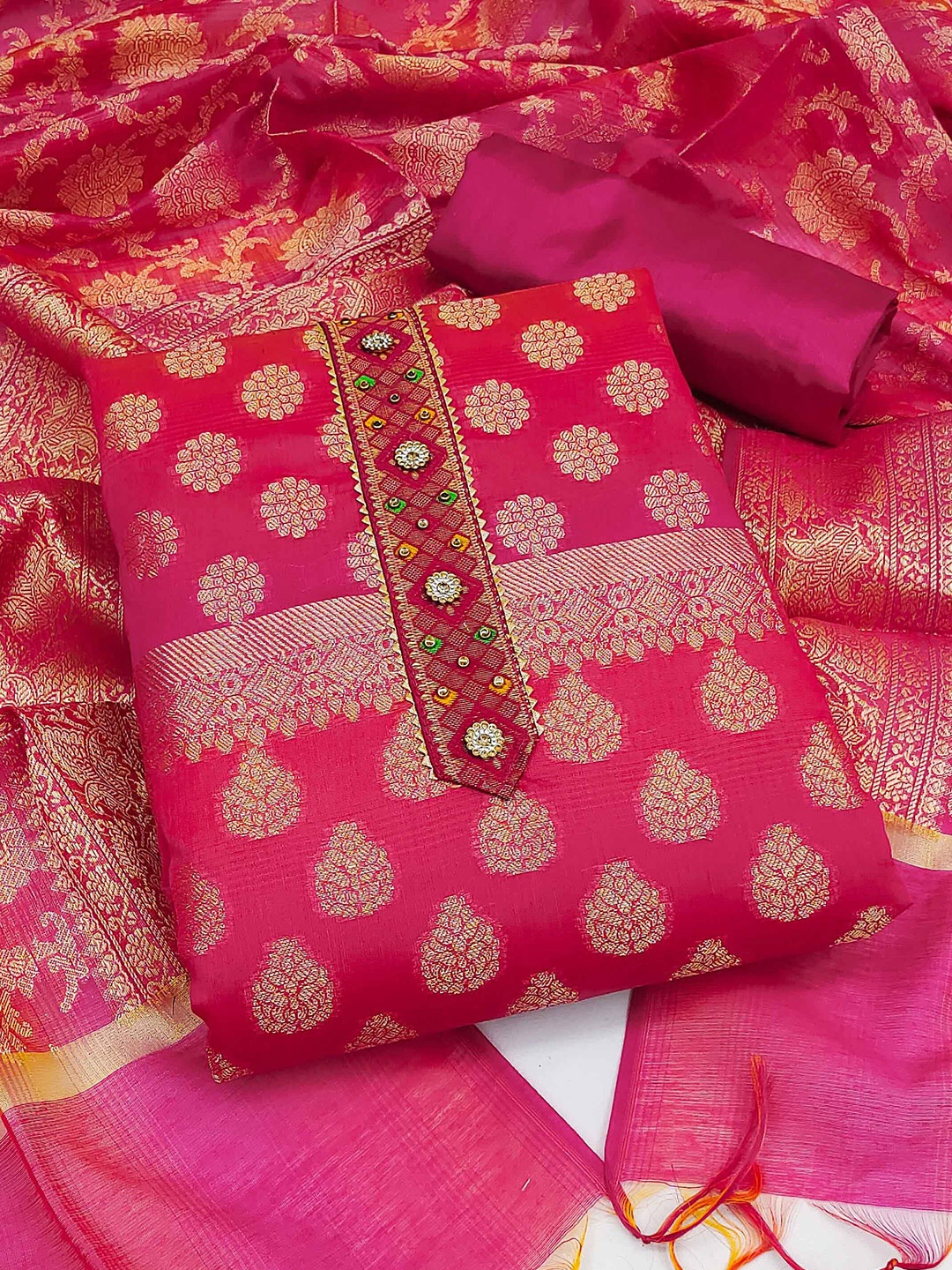 

MANVAA Ethnic Motifs Woven Design Unstitched Dress Material, Pink