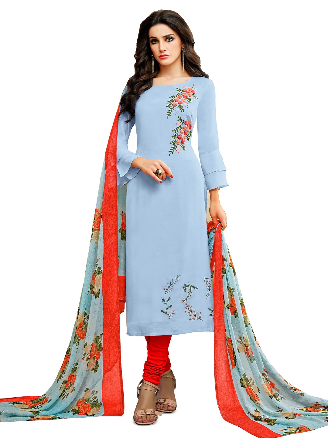 

MANVAA Floral Embroidered Unstitched Dress Material, Blue