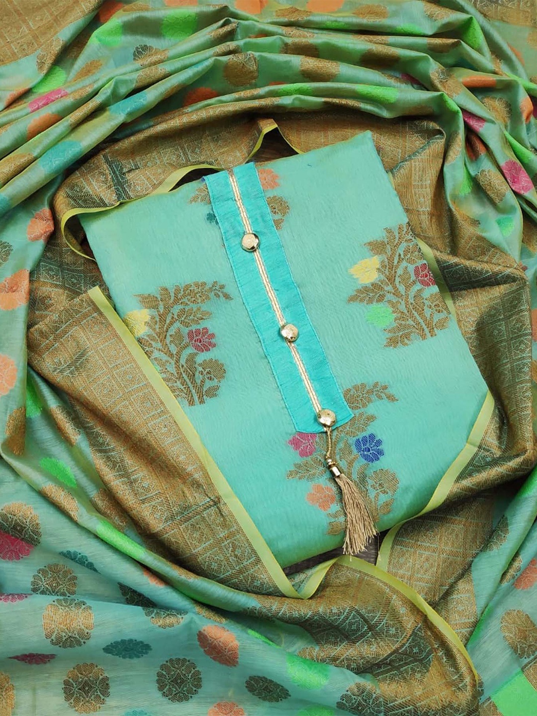 

MANVAA Floral Woven Design Pure Silk Unstitched Dress Material, Sea green