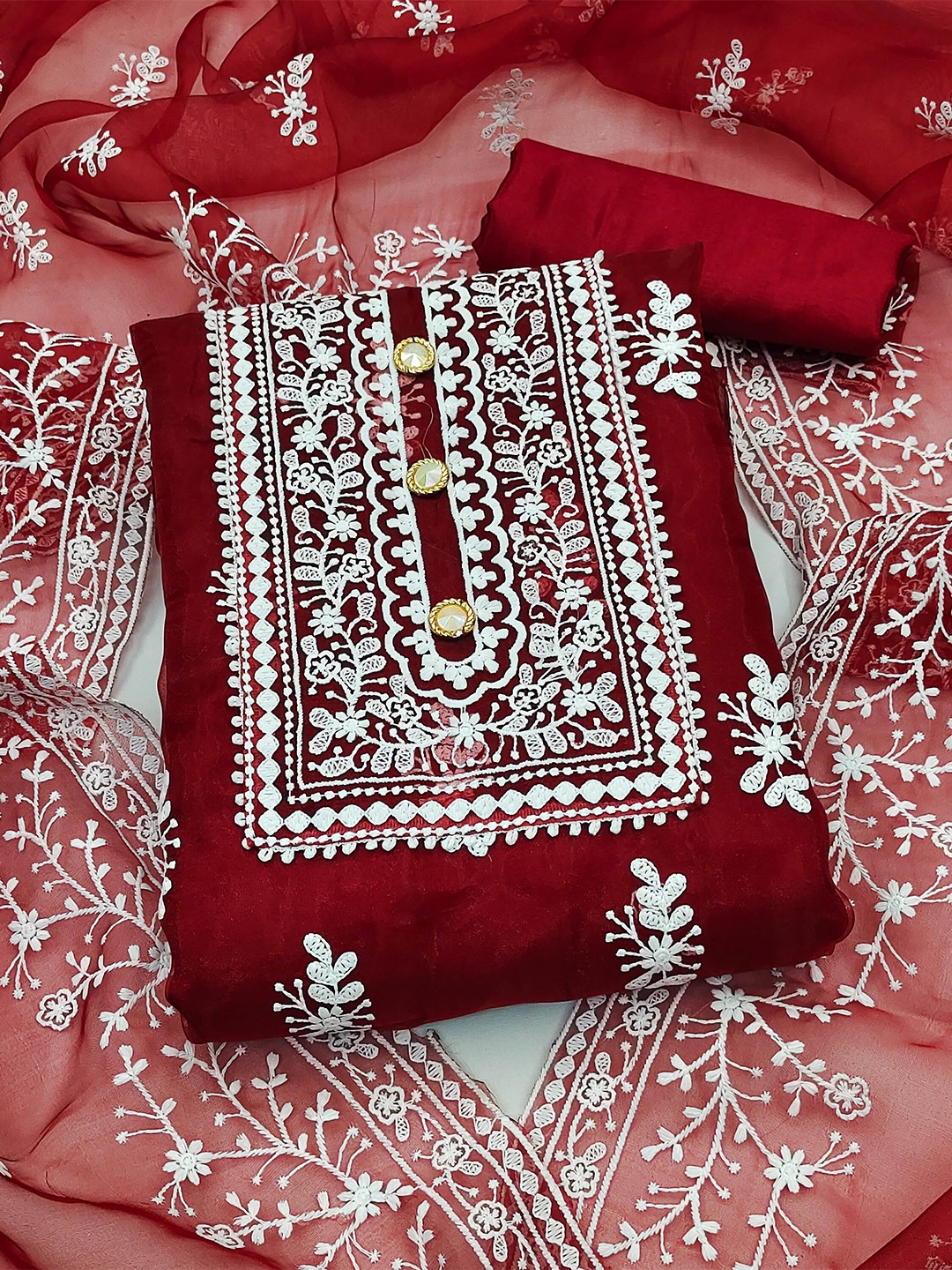 

MANVAA Ethnic Motifs Embroidered Organza Unstitched Dress Material, Maroon