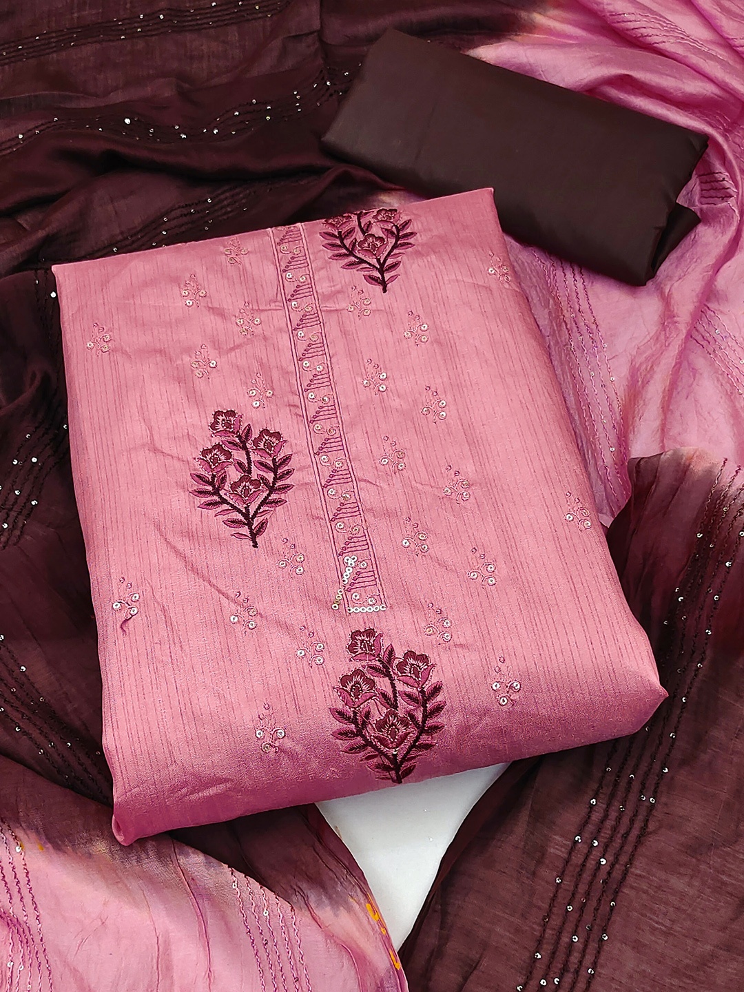 

MANVAA Embellished Pure Silk Unstitched Dress Material, Pink