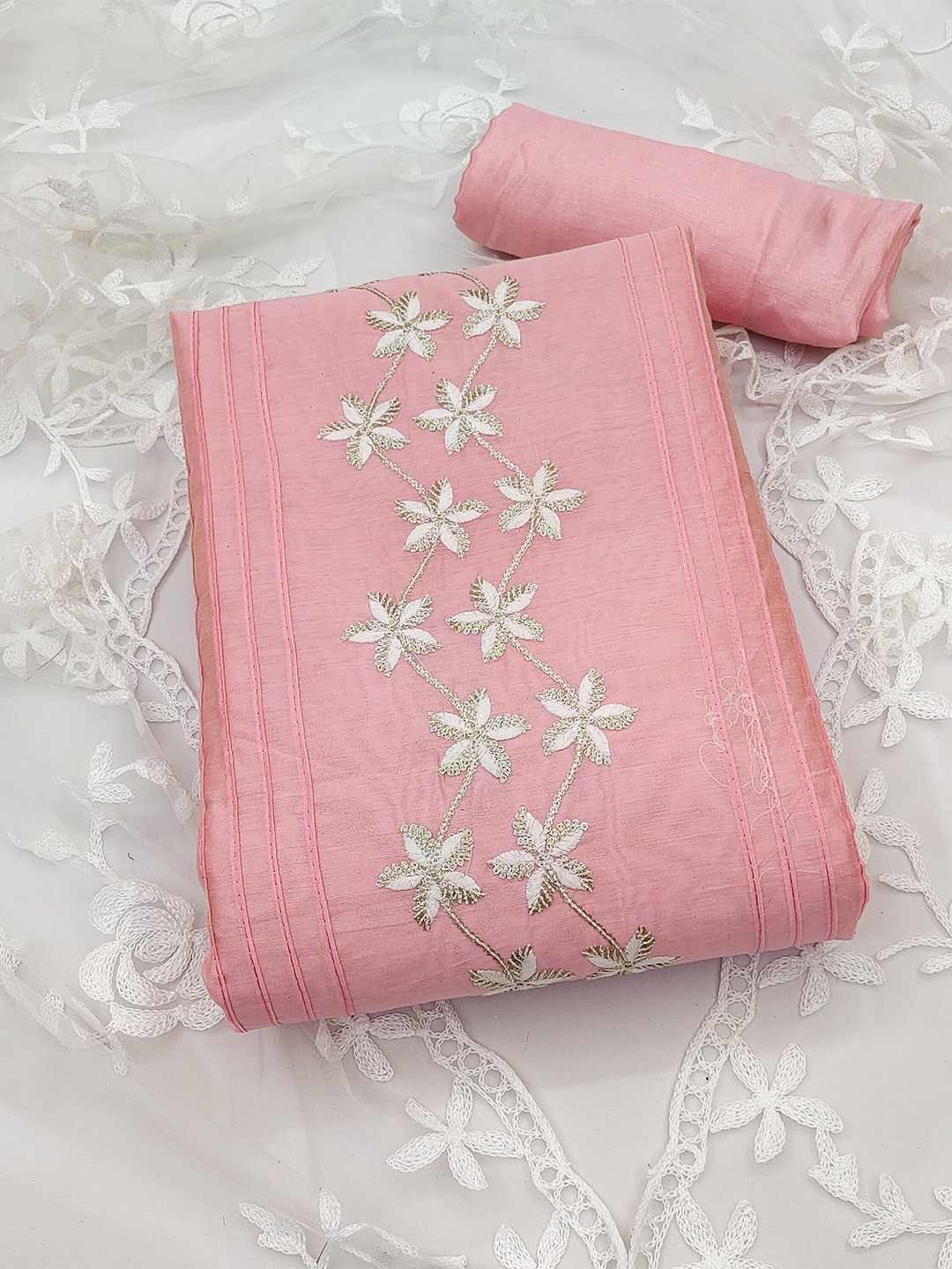 

MANVAA Floral Embroidered Unstitched Dress Material, Pink