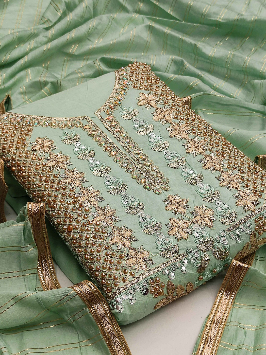 

MANVAA Ethnic Motifs Embroidered Unstitched Dress Material, Green