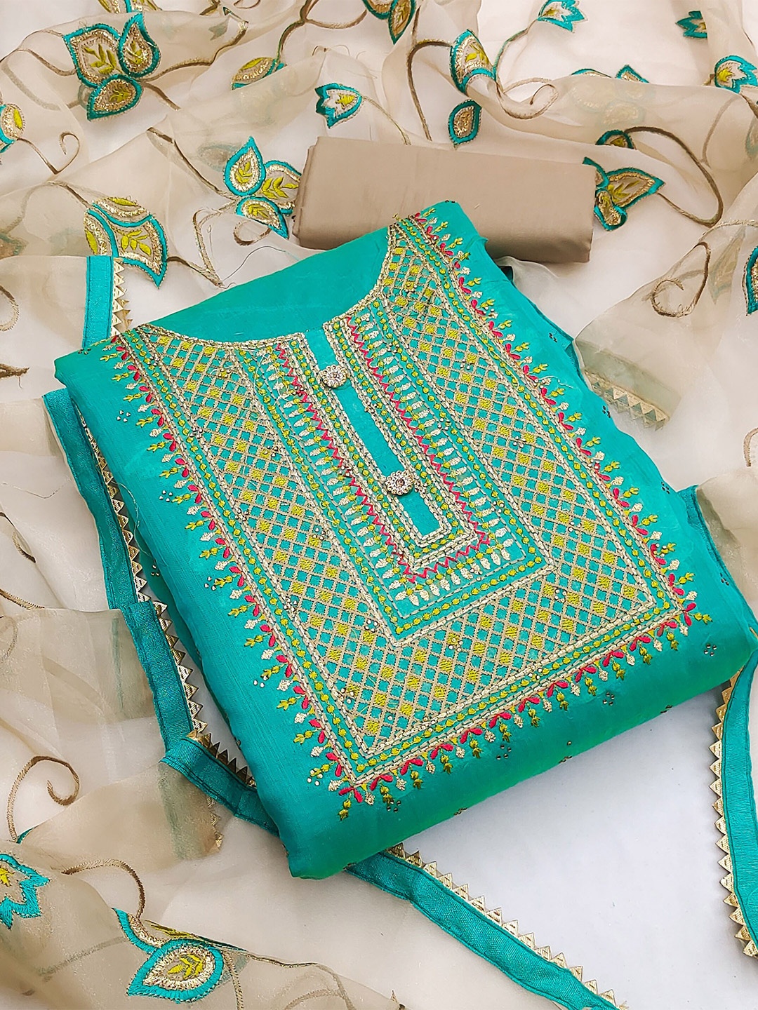 

MANVAA Floral Embroidered Unstitched Dress Material, Sea green