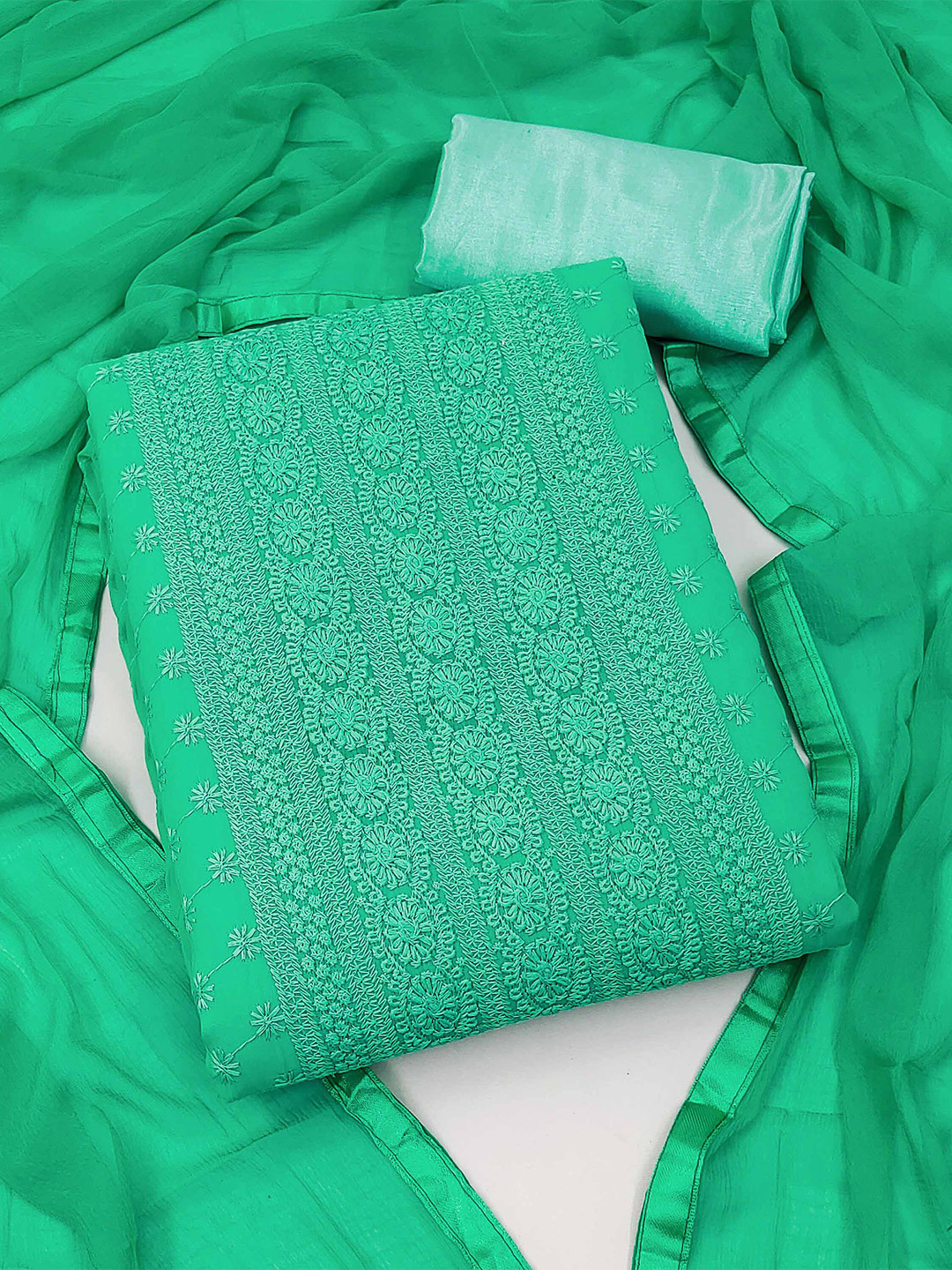 

MANVAA Floral Embroidered Silk Georgette Unstitched Dress Material, Green