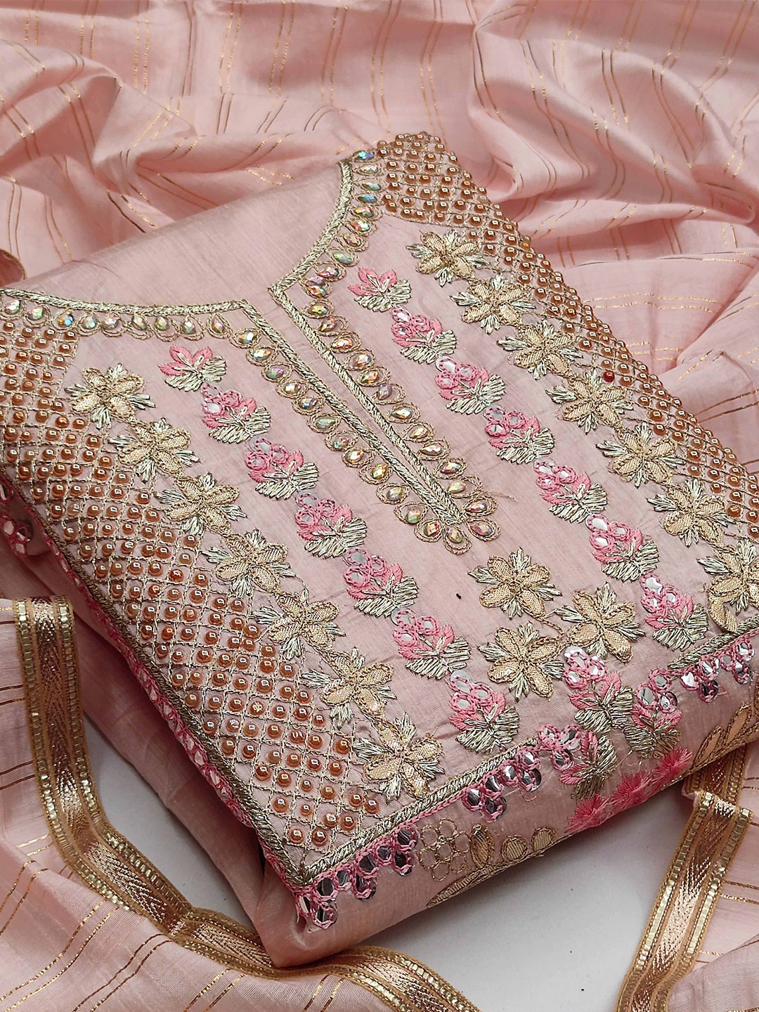 

MANVAA Embroidered Unstitched Dress Material, Peach