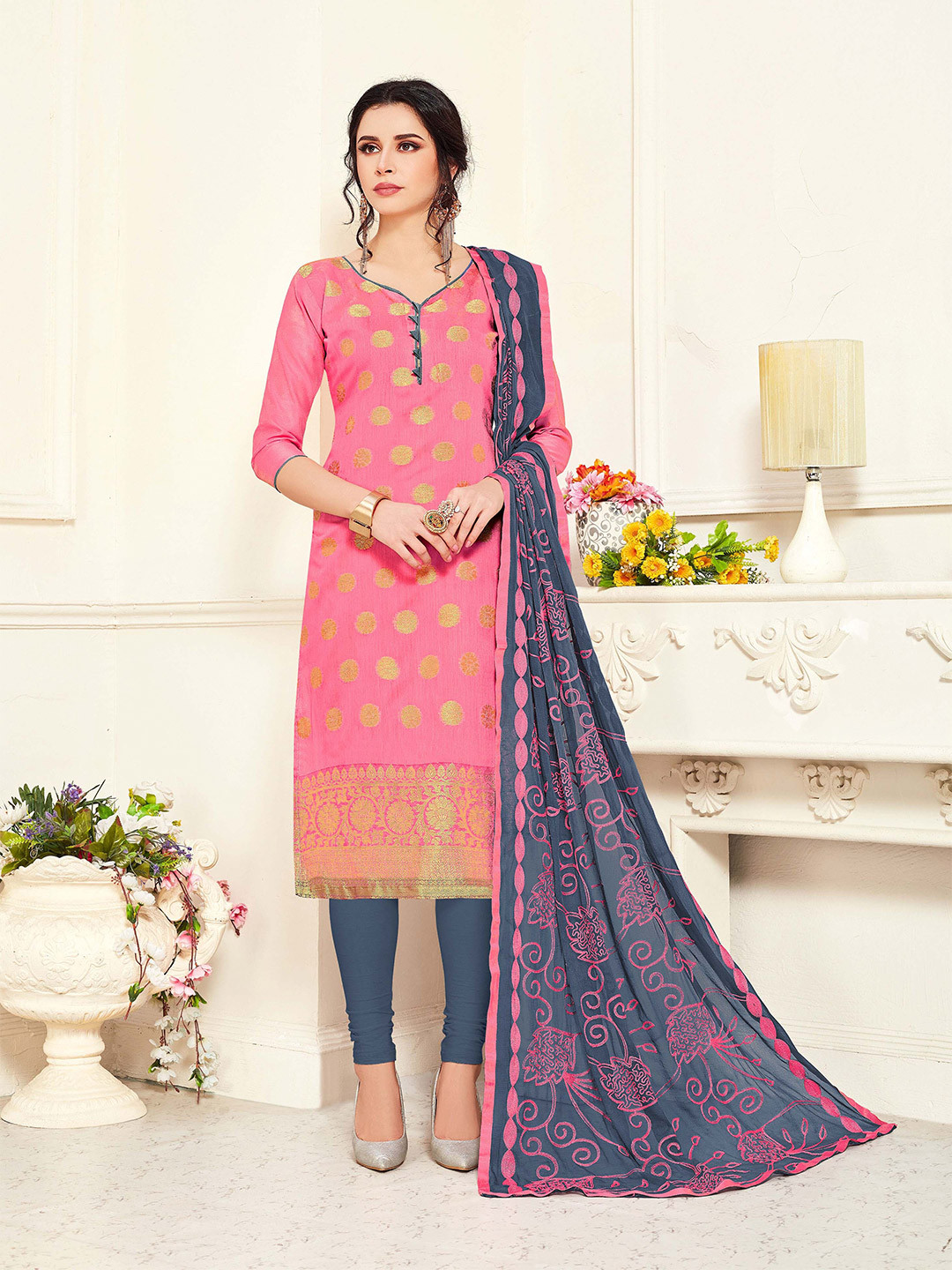 

MANVAA Woven Design Pure Silk Unstitched Dress Material, Pink