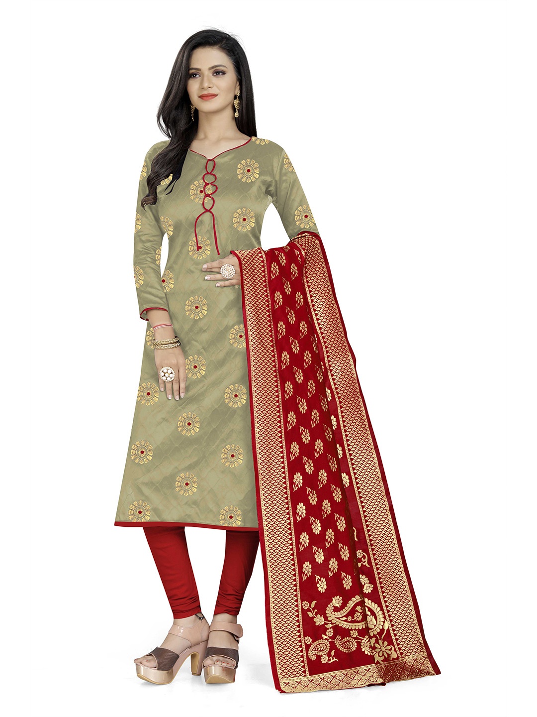

MANVAA Floral Woven Design Zari Detail Unstitched Dress Material, Maroon