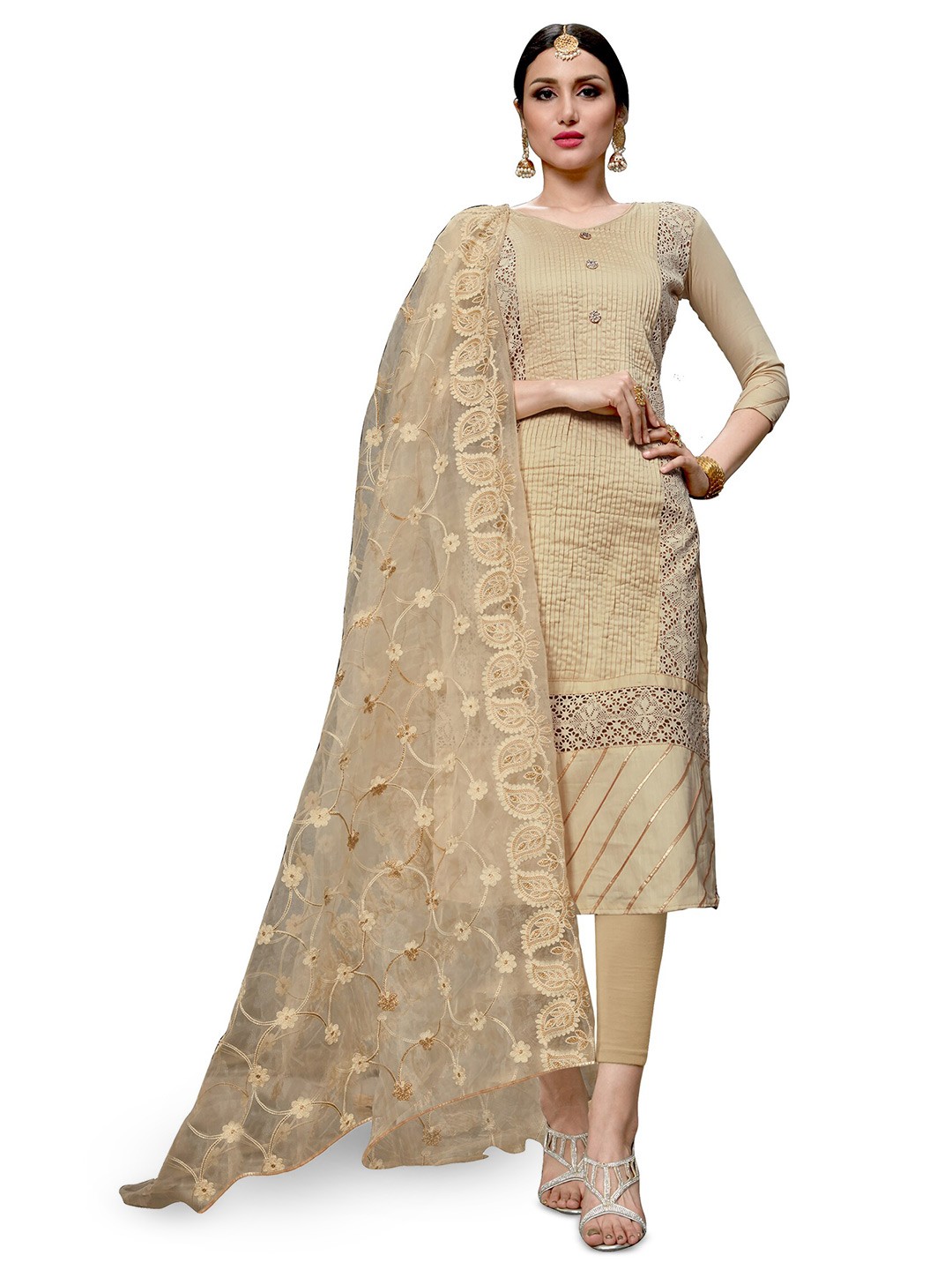 

MANVAA Floral Embroidered Cut-Work Detail Pure Cotton Unstitched Dress Material, Beige
