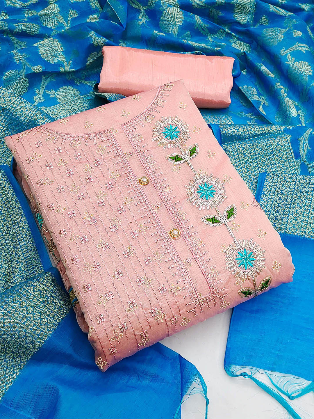 

MANVAA Embellished Unstitched Dress Material, Peach