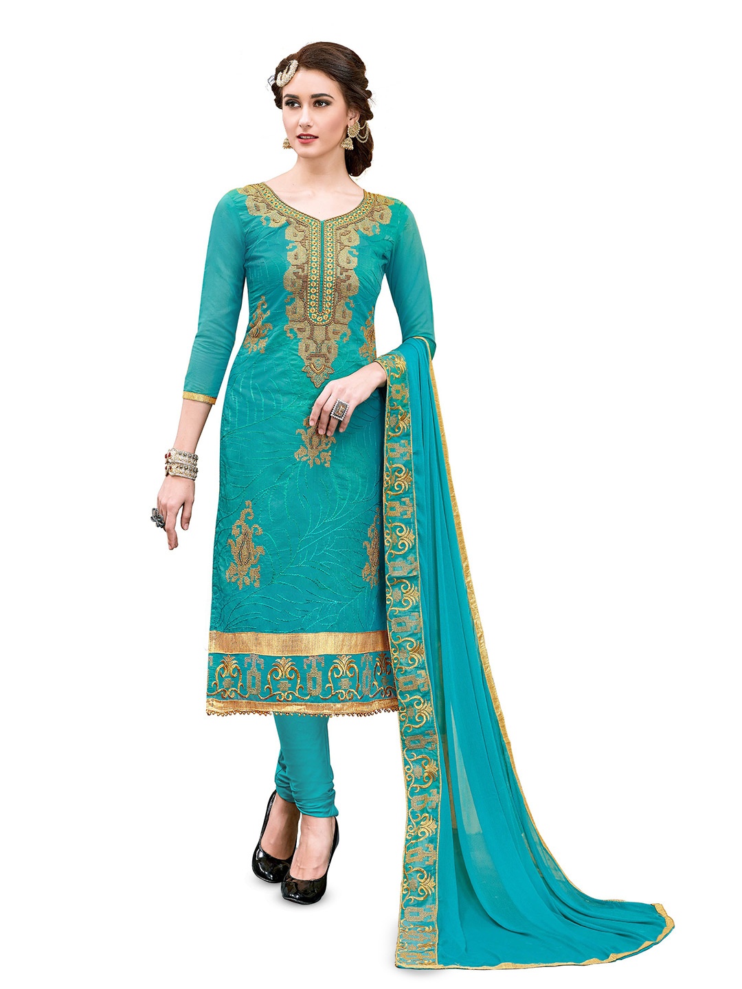 

MANVAA Ethnic Motifs Embroidered Pure Cotton Unstitched Dress Material, Sea green