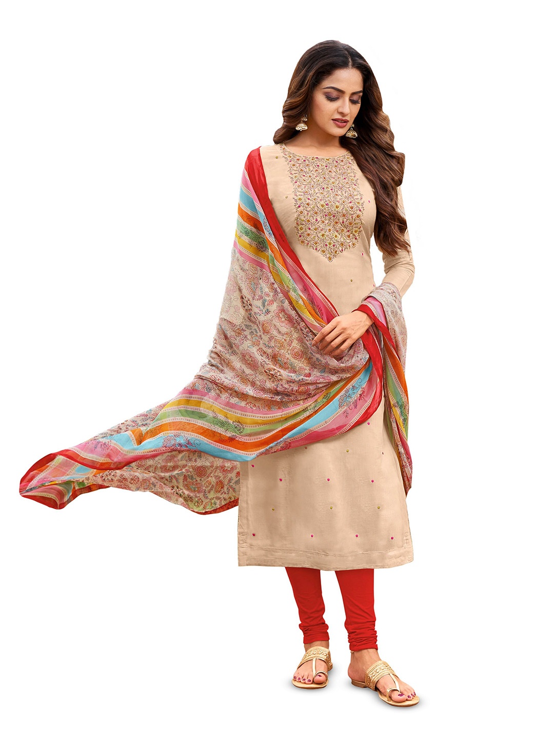 

MANVAA Floral Embroidered Unstitched Dress Material, Beige