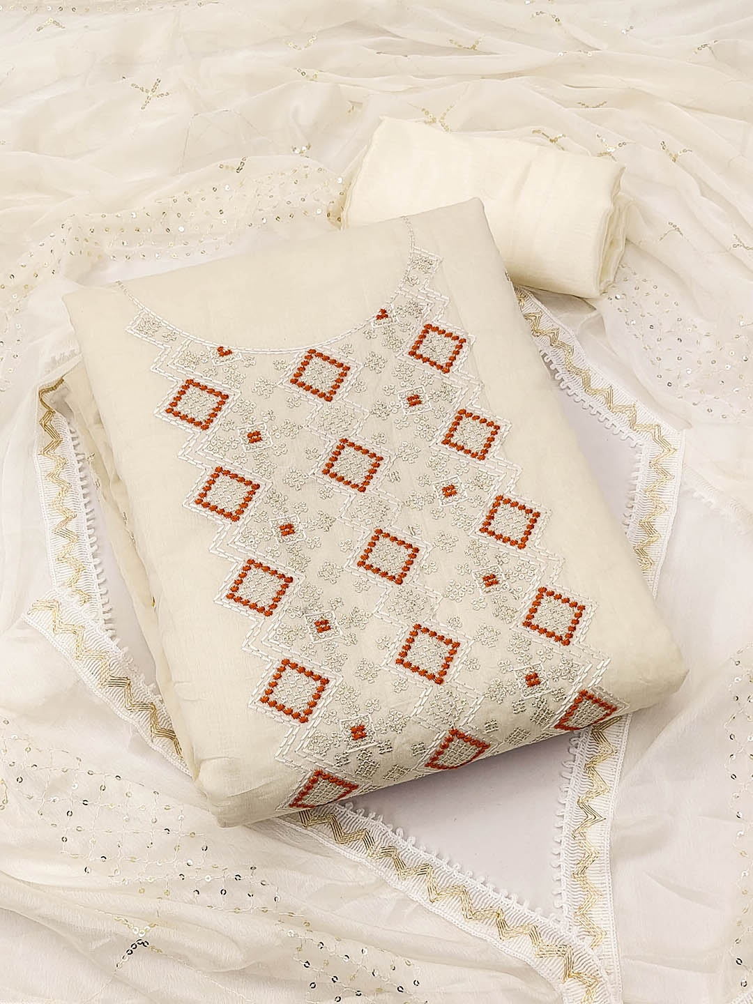 

MANVAA Geometric Embroidered Unstitched Dress Material, Beige