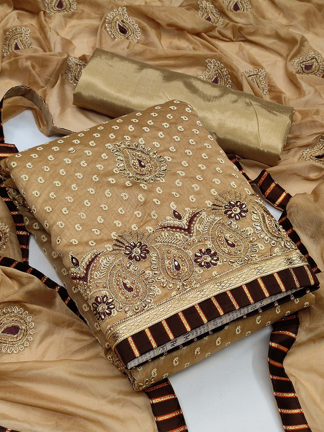 

MANVAA Embroidered Pure Cotton Unstitched Dress Material, Beige