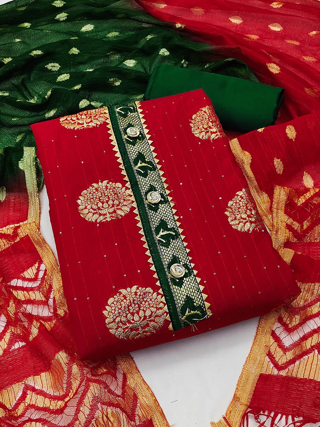 

MANVAA Ethnic Motifs Woven Design Unstitched Dress Material, Red