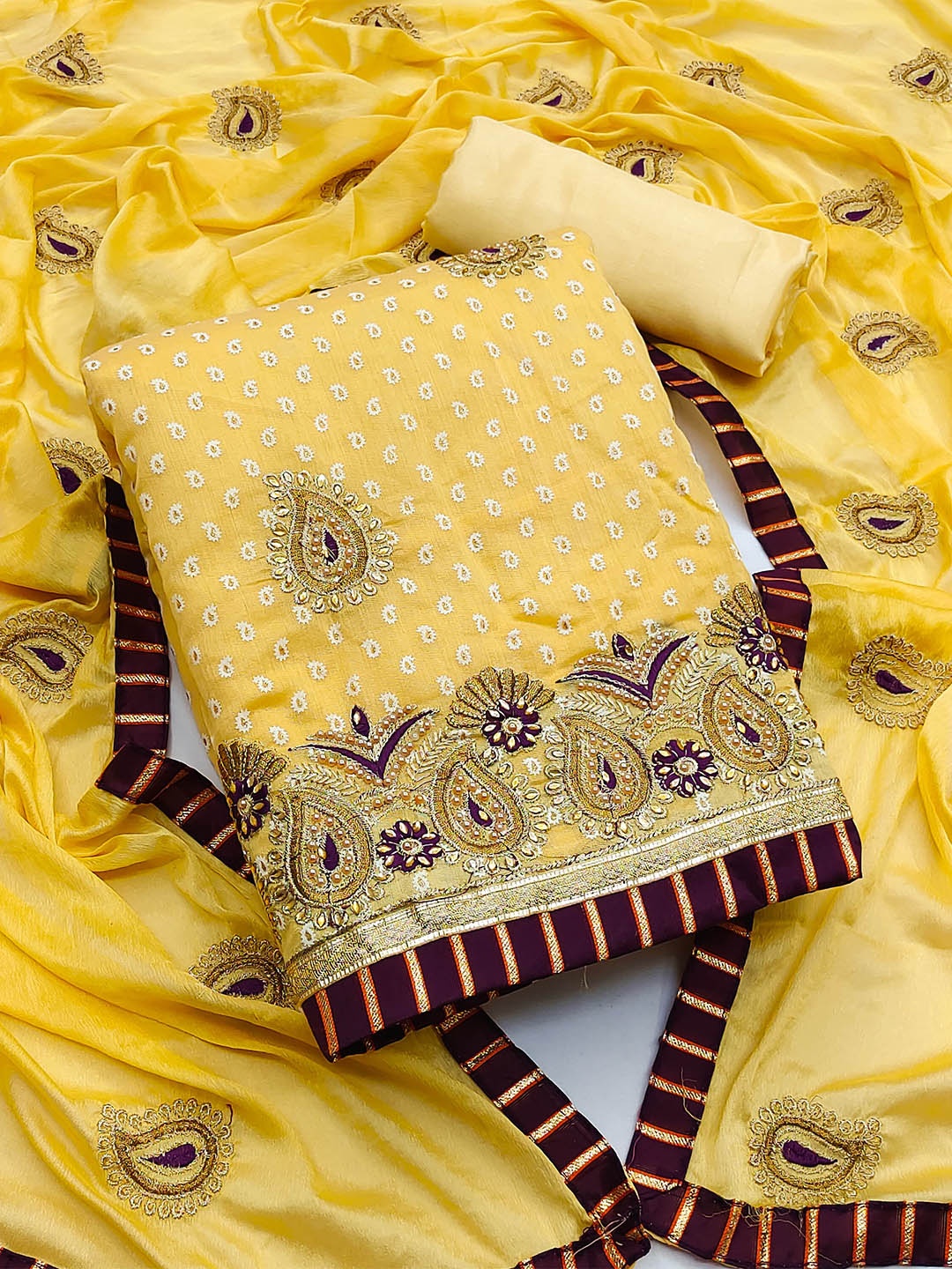 

MANVAA Embroidered Pure Cotton Unstitched Dress Material, Yellow
