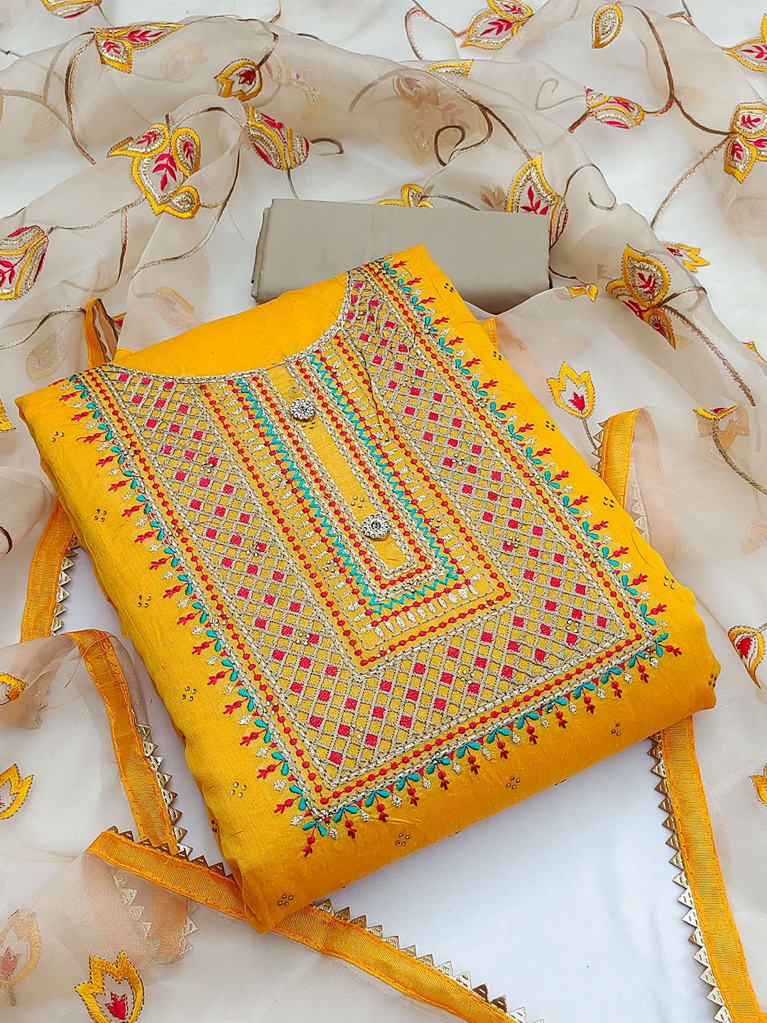 

MANVAA Yellow & White Embroidered Unstitched Dress Material