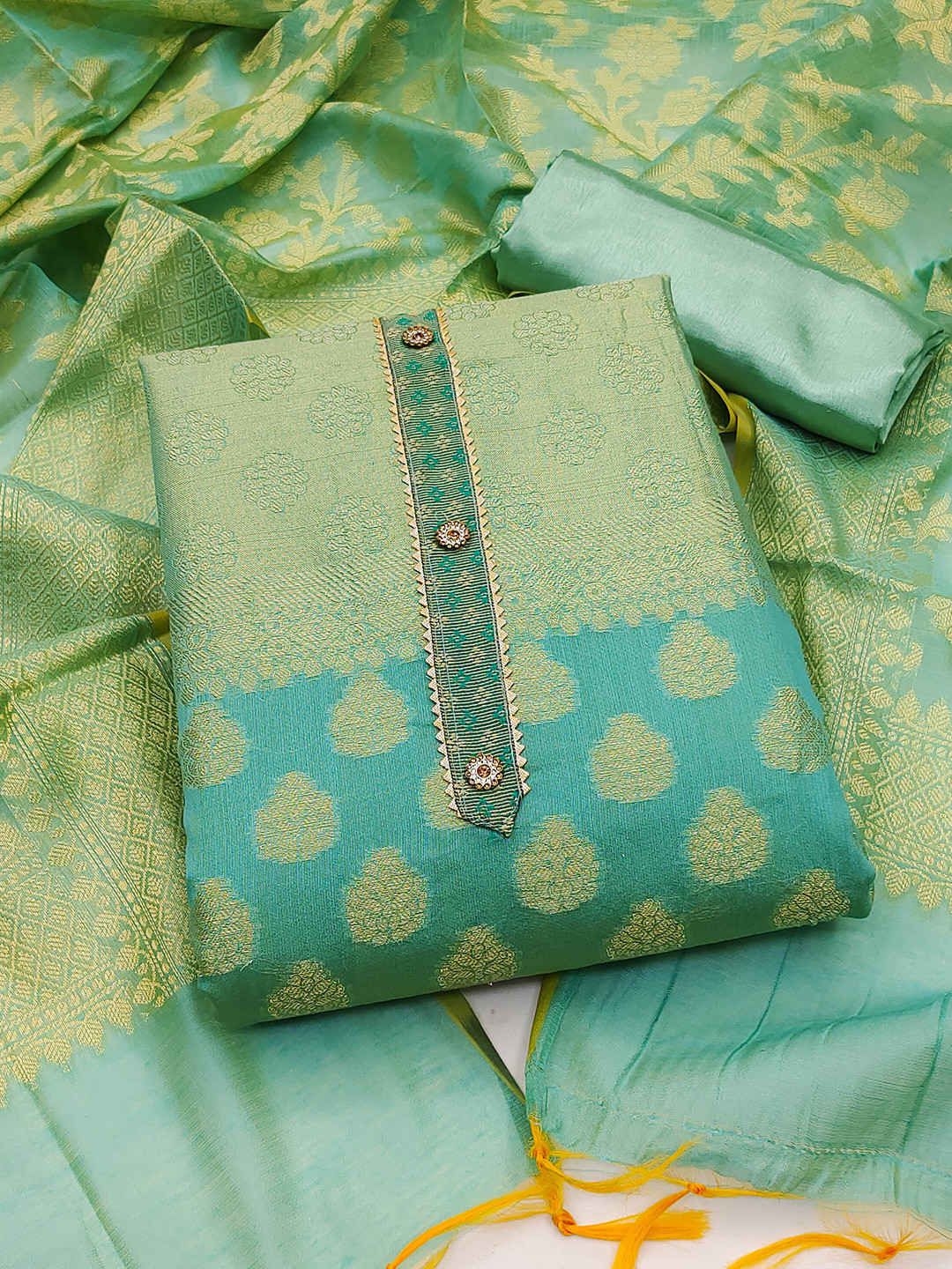 

MANVAA Ethnic Motifs Woven Design Pure Silk Unstitched Dress Material, Sea green