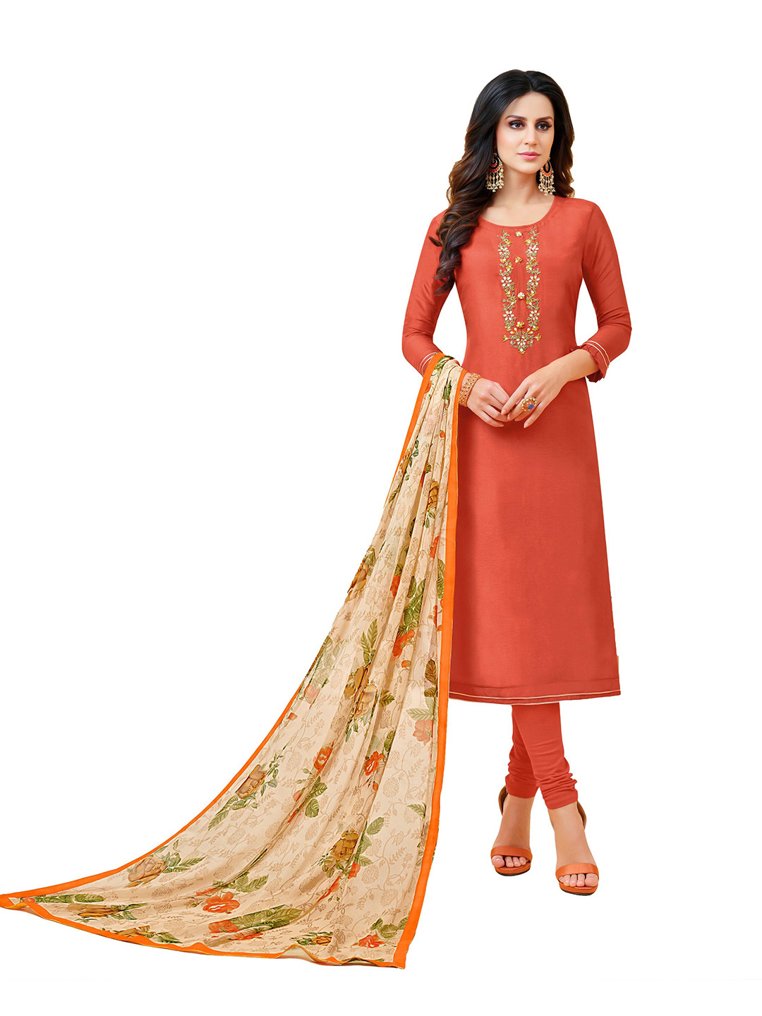 

MANVAA Embroidered Unstitched Dress Material, Rust